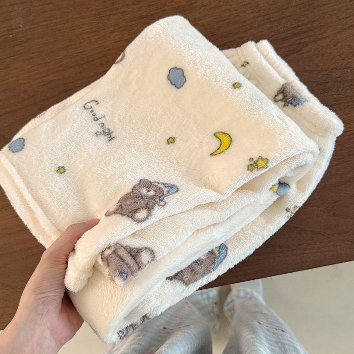 Korean Style Women's Fleece Pajama Pants - Flannel Cartoon Design for Autumn and Winter