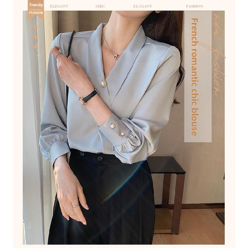 New Spring and Autumn Elegant Pearl Decorated Silk Satin High-End V-Neck Chiffon Blouse for Women