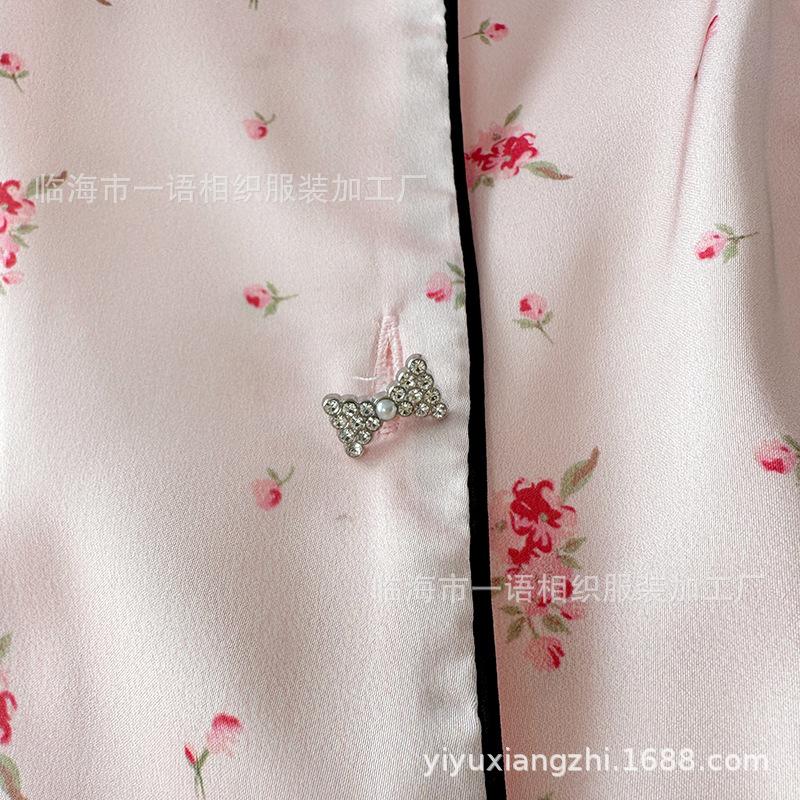 Autumn New Small Flower Bow Buckle Ice Silk Pajamas Women's, Pink Cute French Women's Loungewear Set