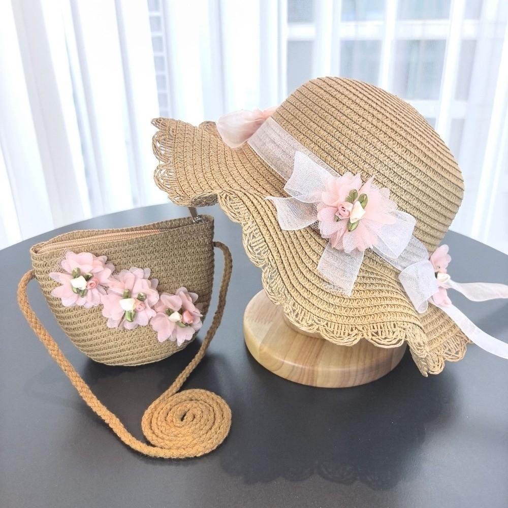 Solid Color Sun Hat Floral Style Fisherman Hat Trend Straw Hat Small Bag Set Fashion Accessory