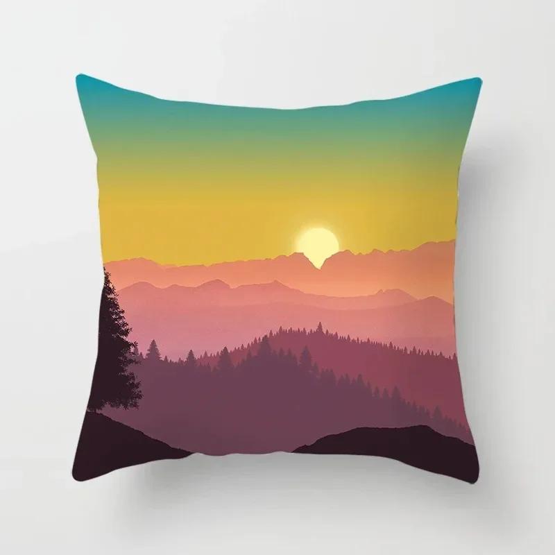 Luxury Home Decor Cushion Cover Cartoon Illustration Sunset Landscape Pattern Office Decor Pillow Cover