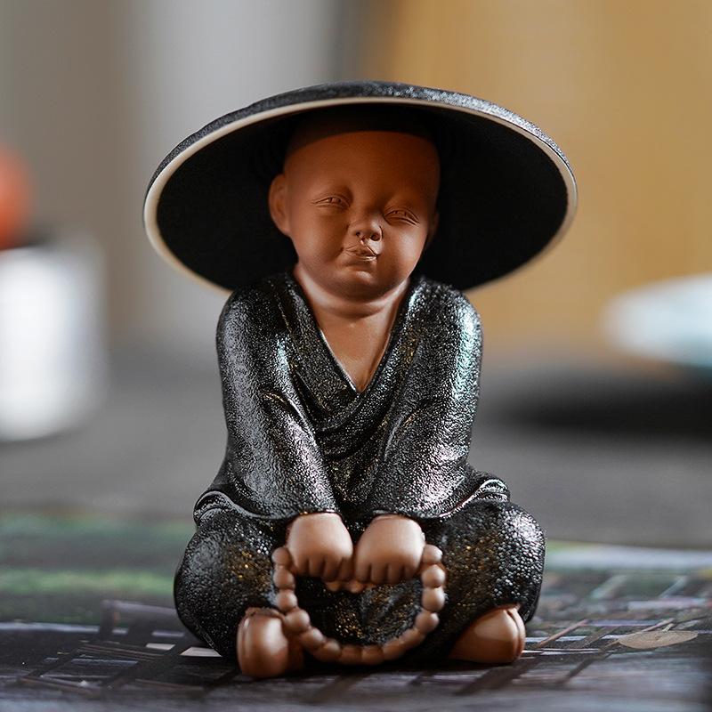 Black Pottery Buddhist Monks Miniature Figurines Buddha Statue Sculpture Tea Filter Funel Set Ornaments Home Docor Decoration