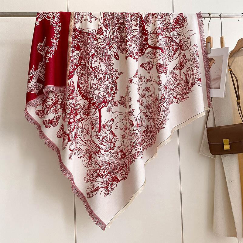 Retro Printed Butterfly Large Square Scarf Scarf Women'S High-End Gift Fashionable Versatile Outer Decoration Shawl Autumn