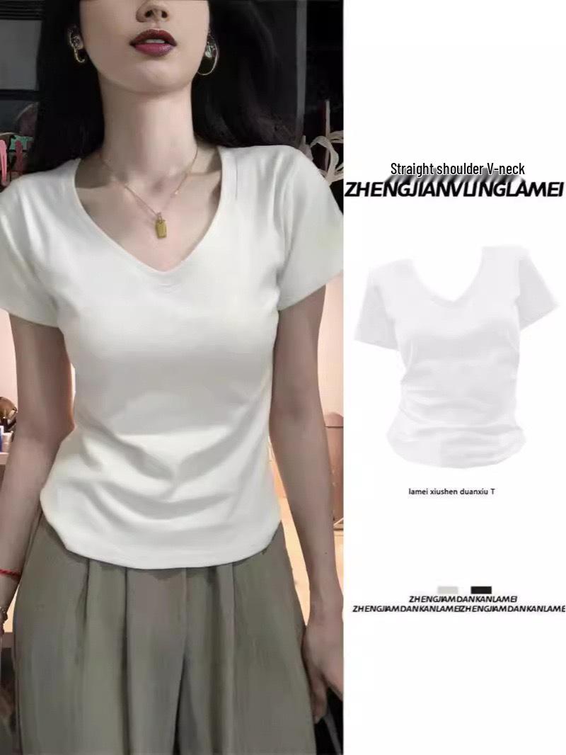 

Женская летняя футболка с коротким рукавом и V-образным вырезом, облегающего кроя: Стильный, Универсальный и Высококачественный Дизайн L