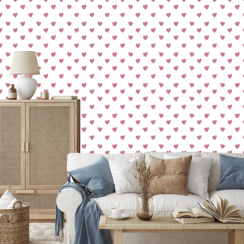 Heart Wallpaper White, Powder Pink and Pink 50x1000