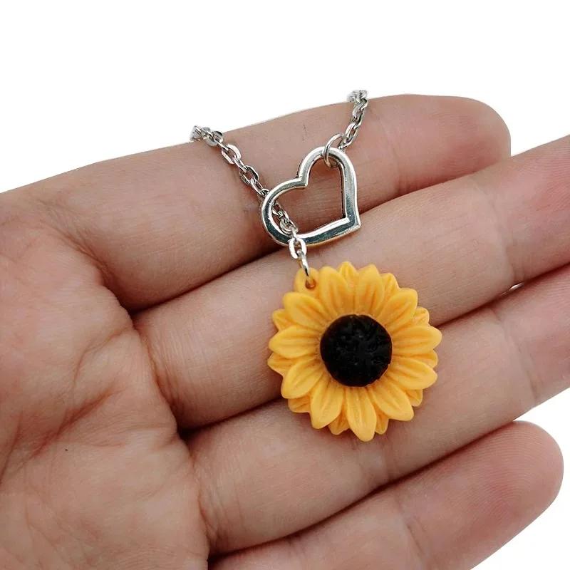 Daisy Fashion Simple Yellow Sunflower Heart Lariat Necklace Women Infinity Charm Bridal Flower Sunflower Bridesmaid Necklace