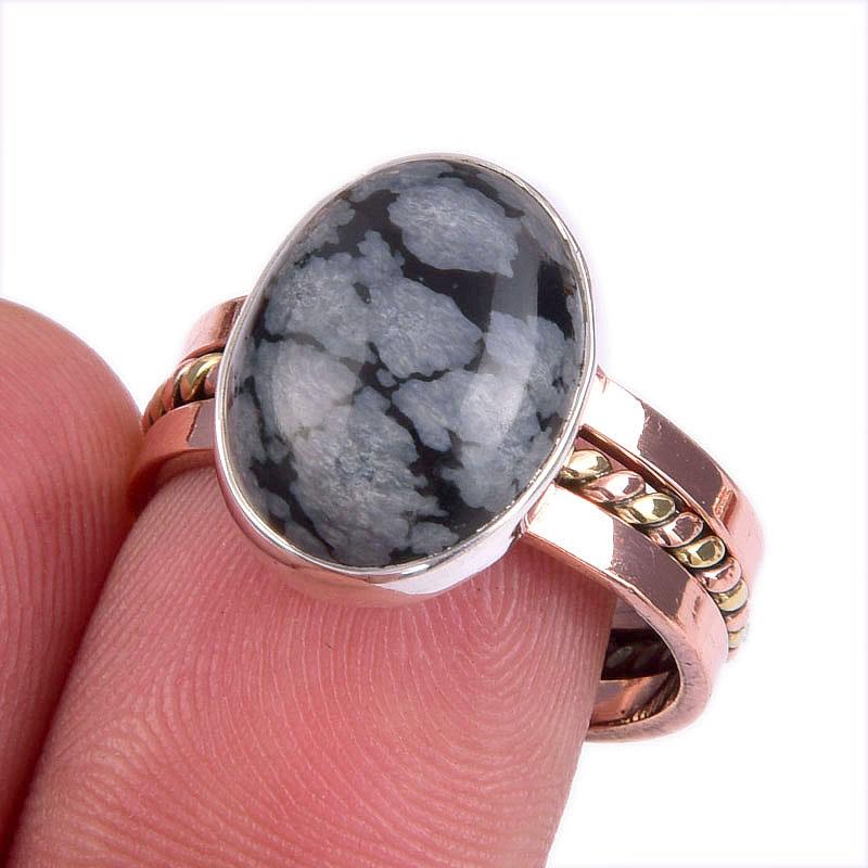 

Natural Snowflake Obsidian Gemstone Two Tone 925 Sterling Silver Ring S.8.5 e8U55