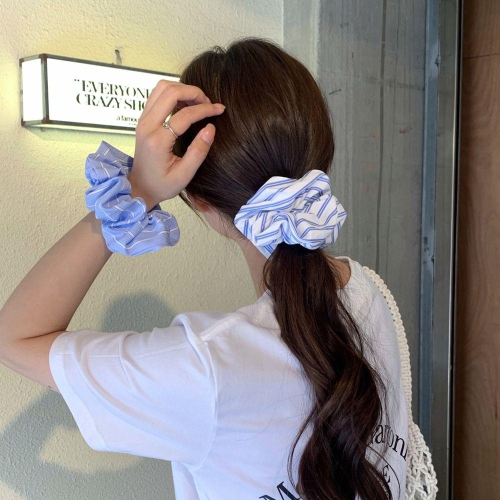 

Girl Hair Band Blue White Cloth Stripe Korean Style Headwear Hair Rope Women Scrunchies Hair Tie C