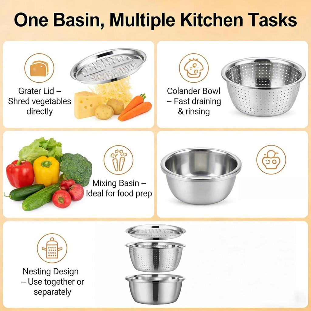 Stainless Steel Strainer Basin Washing Draining 26cm Colander Basket Set for Vegetables Fruits Rice Washing Draining Kitchen