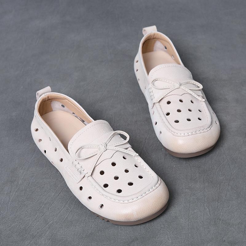 Johnature Genuine Leather Hollow-out Women's Slip-on Shoes Comfortable Casual Flat Breathable Sandals