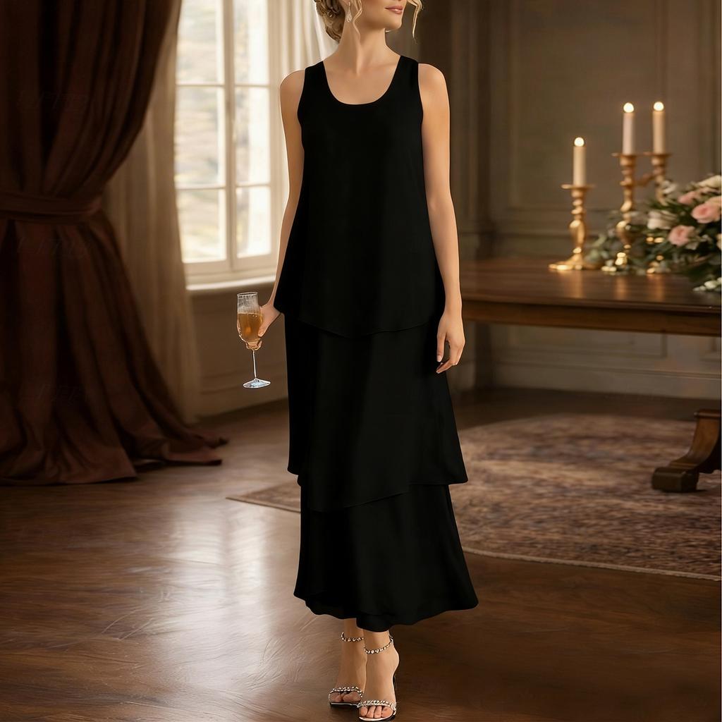 Sleeveless Layered Maxi Dress for Women Scoop Neck Loose Fit Tiered Chiffon Long Dress Elegant Flowy Summer Outfit