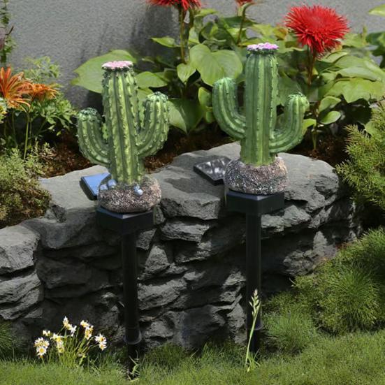 Solar Powered Garden Lights Cactus Light, Resin Pathway Waterproof Decorations for Patio LED Light with Stake Yard Lawn Decor Warm