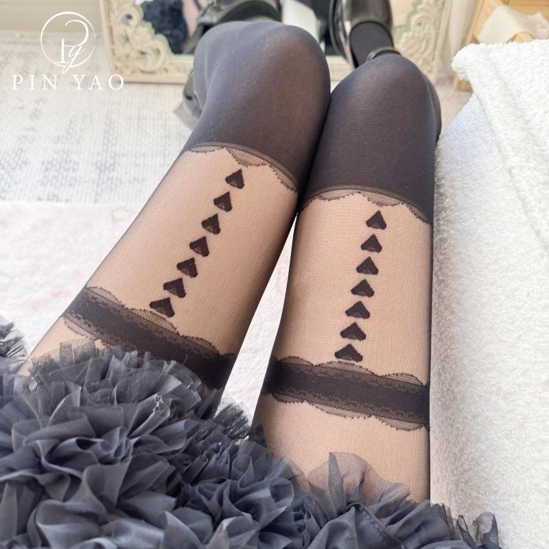 Japanese Lolita Heart-Trim Lace Tights - Black Silk Stripe Socks for Women, Spring/Summer