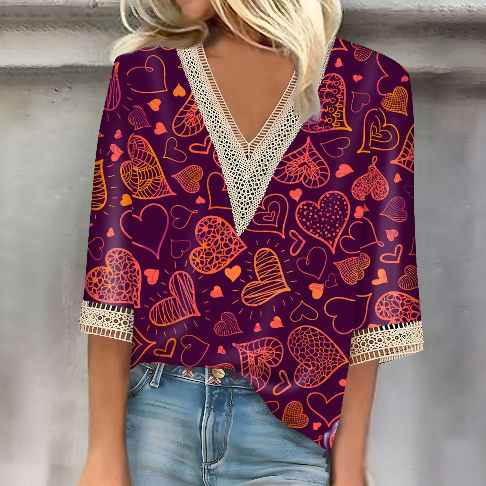 

Женский топ с рукавом три четверти, кружевной, с принтом ко Дню святого Валентина, модный, базовый, с V-образным вырезом, обычный топ XL арбуз красный