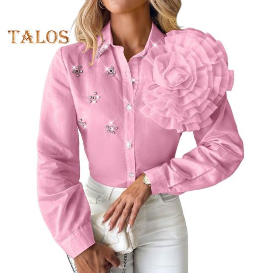 Women Shirt Lapel Long Sleeve Single Breasted Shirt Tops Solid Color Three-Dimensional Flowers Decor Rhinestones Shirt