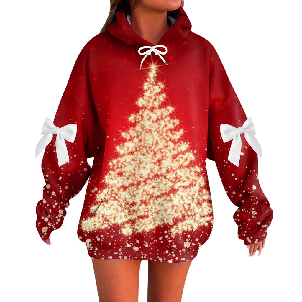 Ladies' Christmas Printed Bow Long Sleeved Loose Fitting Headband With Rope Hooded Sweatshirt Top