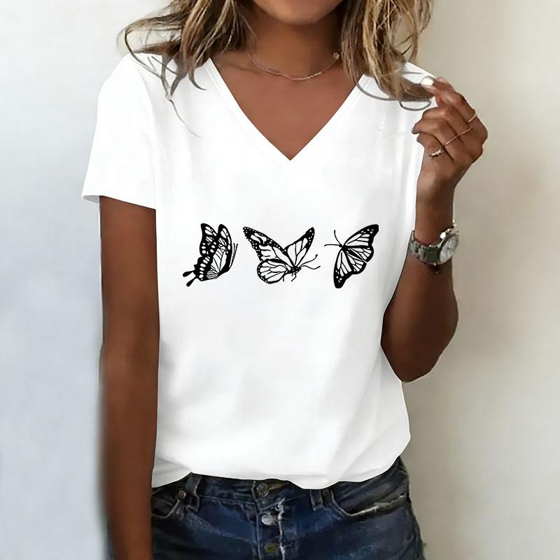 V-neck casual fashion retro butterfly print T-shirt XS