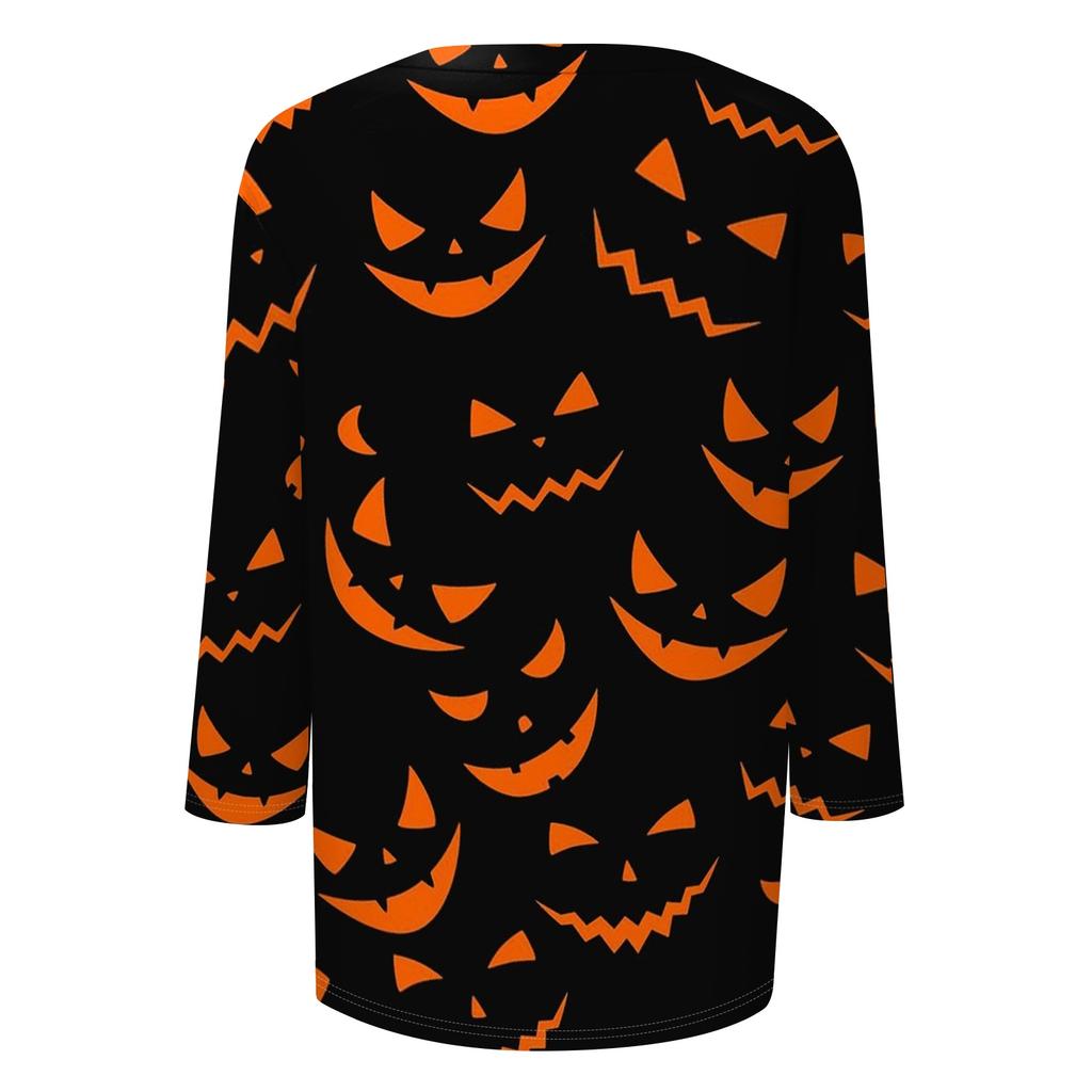 Women's Casual 3/4 Sleeve Crew Neck Top Halloween Themed Print Lightweight Pullover Blouse for Everyday Wear