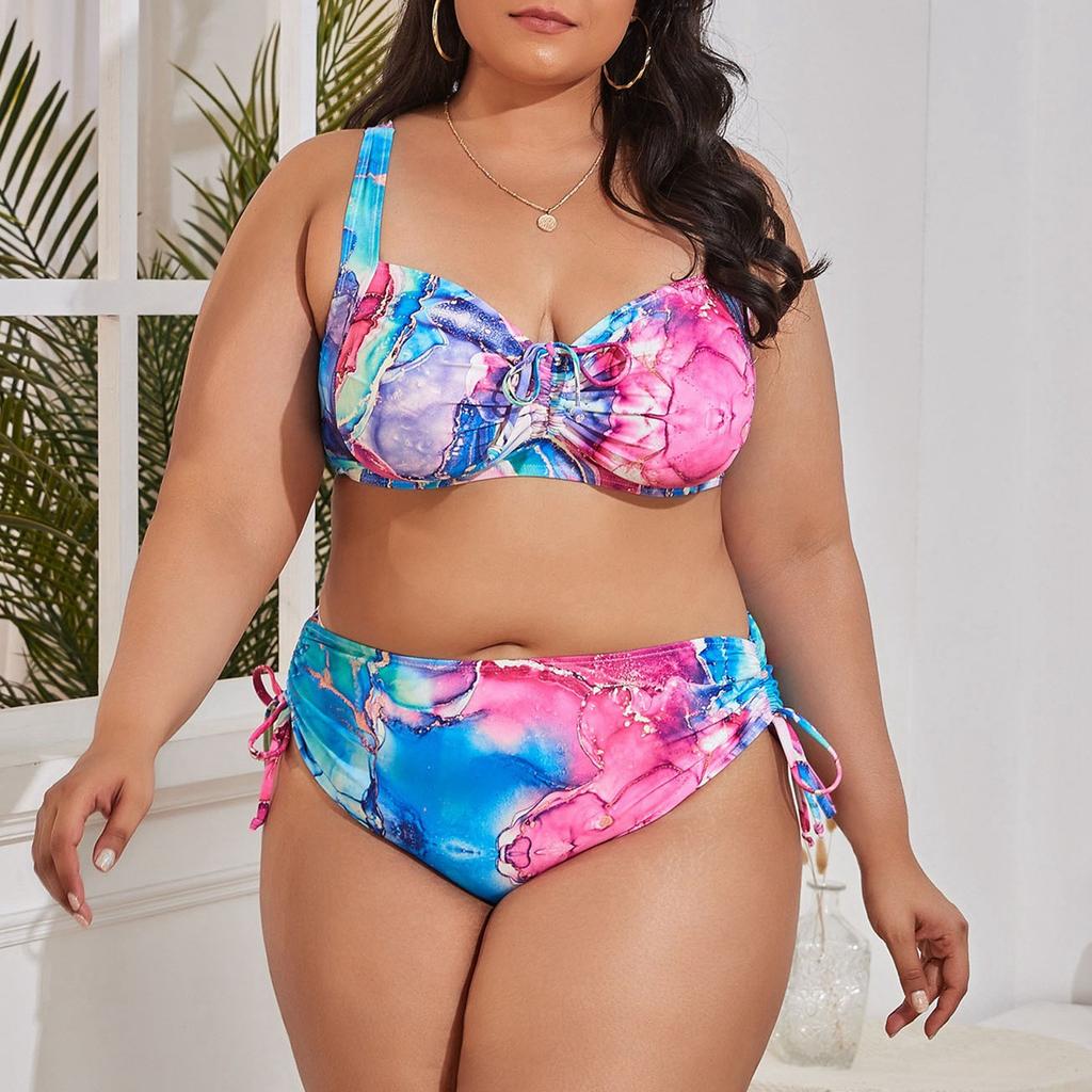 2025 New Summer Swimsuit Women'S Plus Size Biqunis Fashion Sexy Gather Chest European American Bikinis Swimwears Tankinis Set