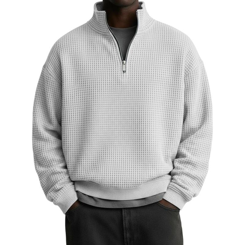 Men S Casual Long Sleeve Stand Collar Zip Up Loose Fit Waffle Sweatshirt