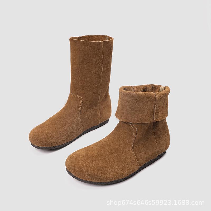 Autumn and winter round head short boots soft sole retro literary temperament comfortable two wear boots thin medium boots women