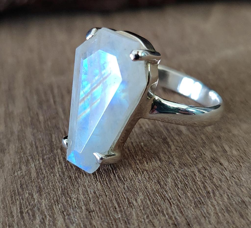 Coffin Ring, Rainbow Moonstone 925 Solid Silver Ring, Gemstone Jewelry, Handmade Silver Ring, Women Ring, Gift for Her