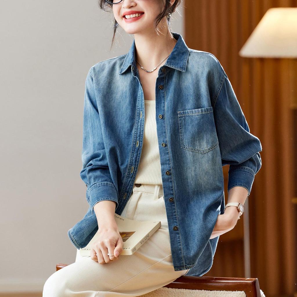 Women's Washed Retro Denim Long Sleeve Shirt - 2026 Spring/Autumn Hong Kong Style Artistic Top