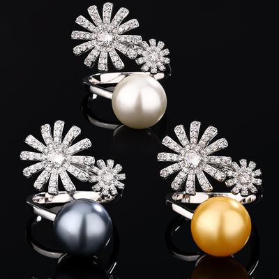 Jewelry Copper Platinum Plated With Simulation Pearl Diamond Flower Women'S Ring 14Mm