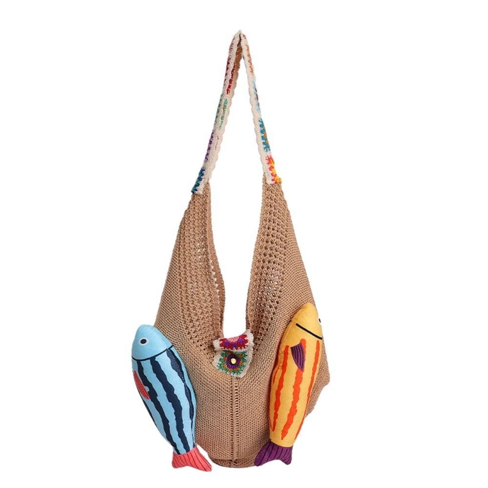 Fish Hollow Out Woven Bag Magnetic Buckle Tassels Beach Handbag Cotton Crochet Shoulder Bag  Beach