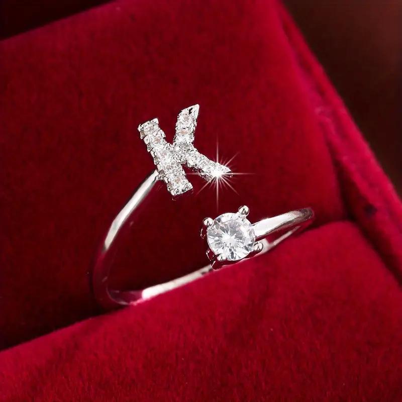 26 English Letter Micro-set Zircon Fashion Women's Ring, Copper-plated 14K Open Plain Ring