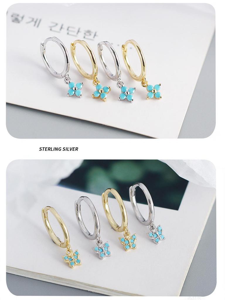 Elegant S925 Silver Turquoise Butterfly Studs & Four-Leaf Clover Earrings for Women