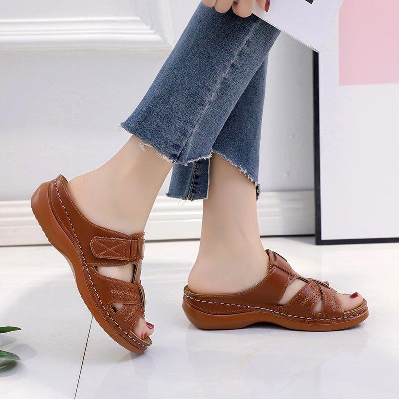 Summer Casual Retro Wedge Heel Thick Sole Sewn Shoe Leather One-character Women's Cool Slippers