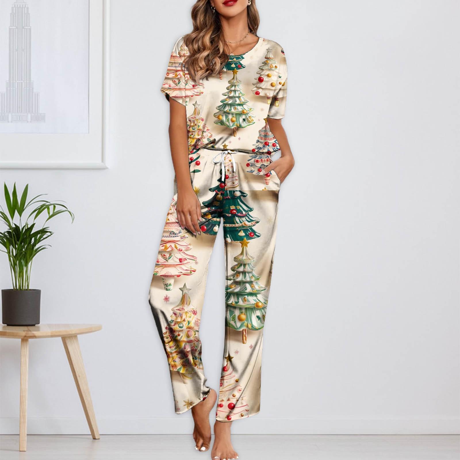 

Жіночий піжамний комплект Ice Silk Satin з різдвяним принтом, сорочка з короткими рукавами та довгі піжамні штани, м’який домашній одяг M хакі