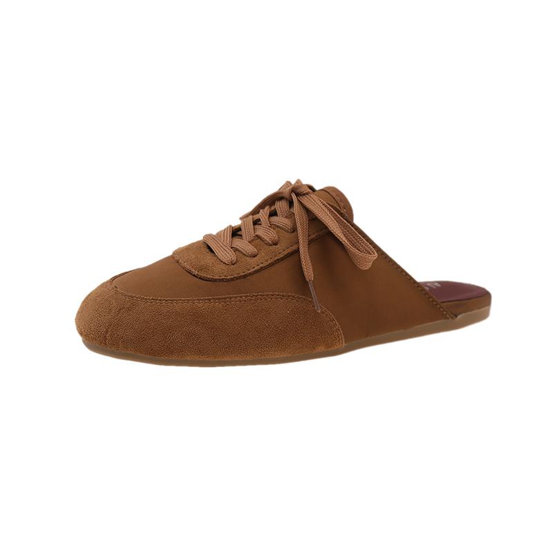 Fashion Baotou Slippers Autumn New Round Toe Deep Mouth Spliced Suede Front Lace-up Soft Sole Anti-slip Wear-resistant Flats