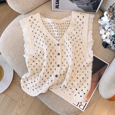 Allmatch ihålig virkad stickad väst för kvinnor skarvad V-ringad söt nisch kort västtopp på sommaren