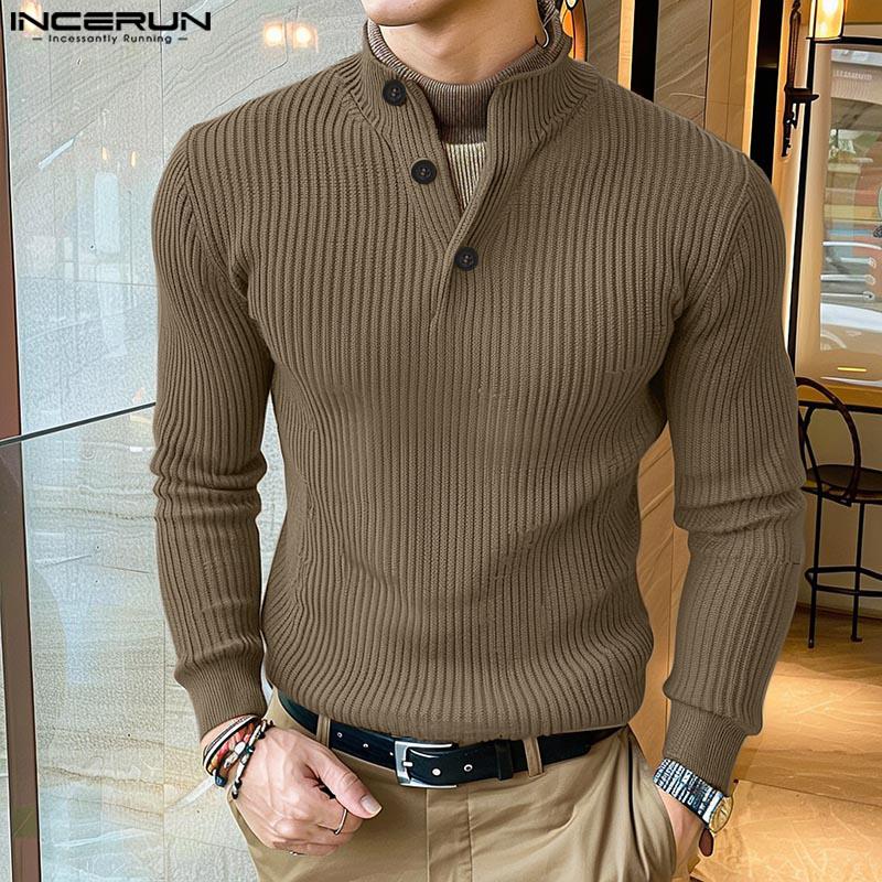 INCERUN Men Buttons Mockneck Long Sleeve Rib Knitted Pullovers Tops