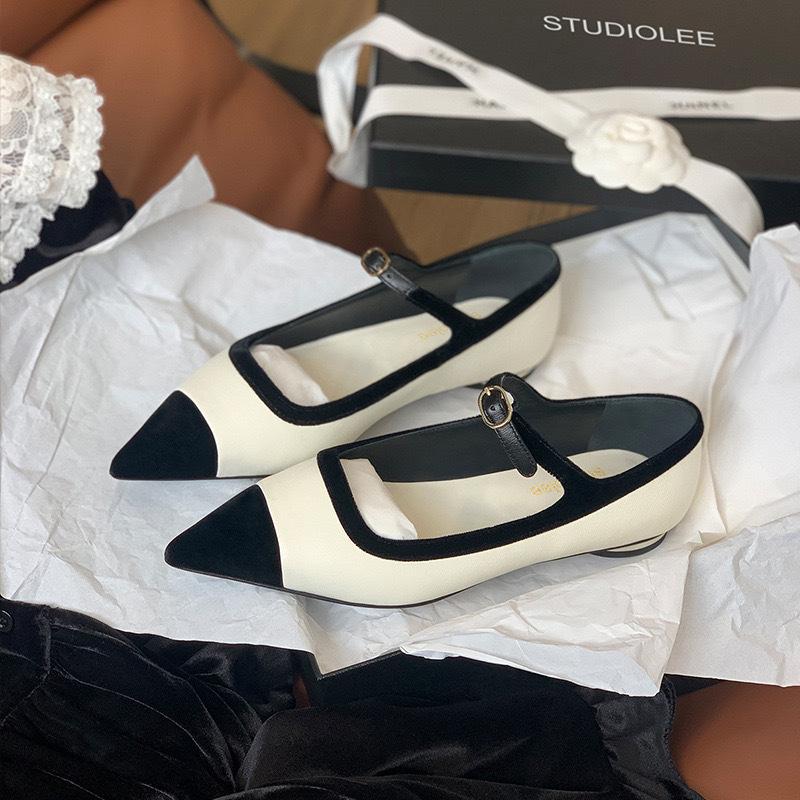 Sheepskin Pointed Leather Shoes Light Mouth Color Matching Flat Mary Jane Shoes Temperament Single Shoes Women's Versatile Ladyshoes