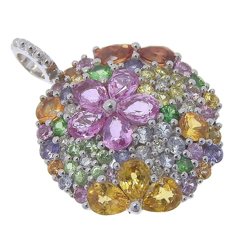 

flour Pendant top K18 white gold/garnet/diamond/multi stone flour 4.7g Women Used