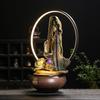 Zen Guanyin Buddha Statue with Golden Cicada Lamp and Flowing Water Fish Tank for Home Entrances.