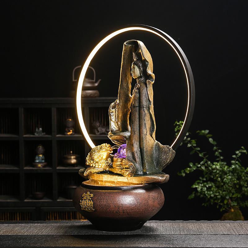 Zen Guanyin Buddha Statue with Golden Cicada Lamp and Flowing Water Fish Tank for Home Entrances.