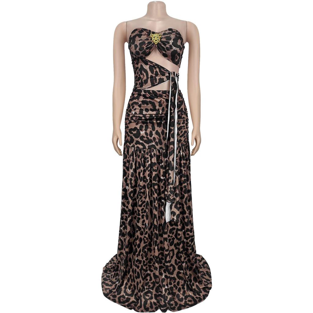 C7501 Leopard Print Off-Shoulder Backless Dress - Women's Sexy European & American Fashion