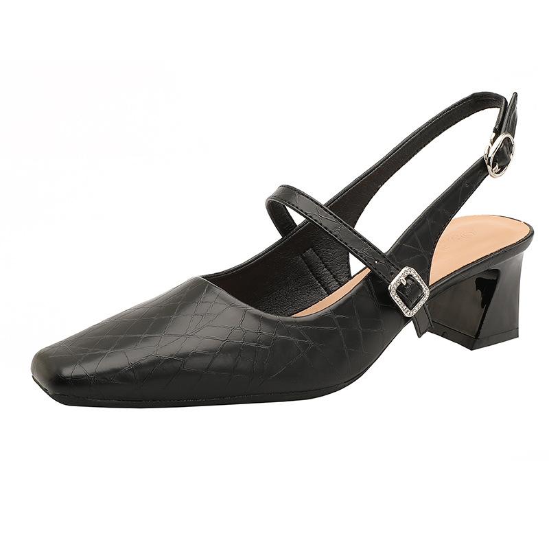 French Mary Jane Shoes High Heels Bag Head Sandals Women's Thick Heels Empty Shoes Summer Silver One-word Buckle with High Heels