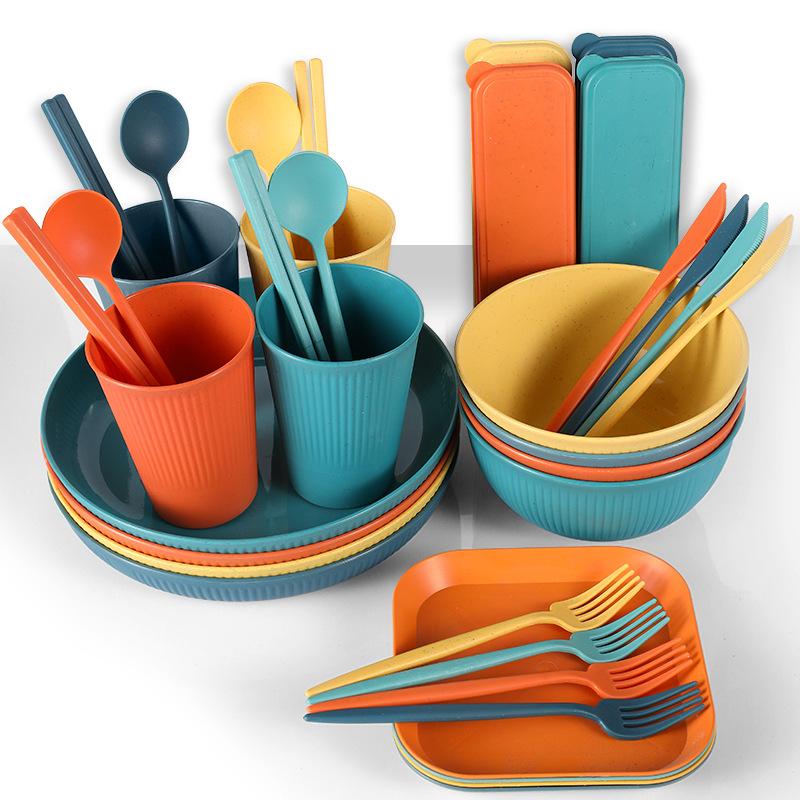 32/36pcs Wheat Straw Cutlery Set Spoon Fork Chopsticks Tableware Picnic Camping Cup Bowl Dish Dinnerware Set Kitchen Accessories