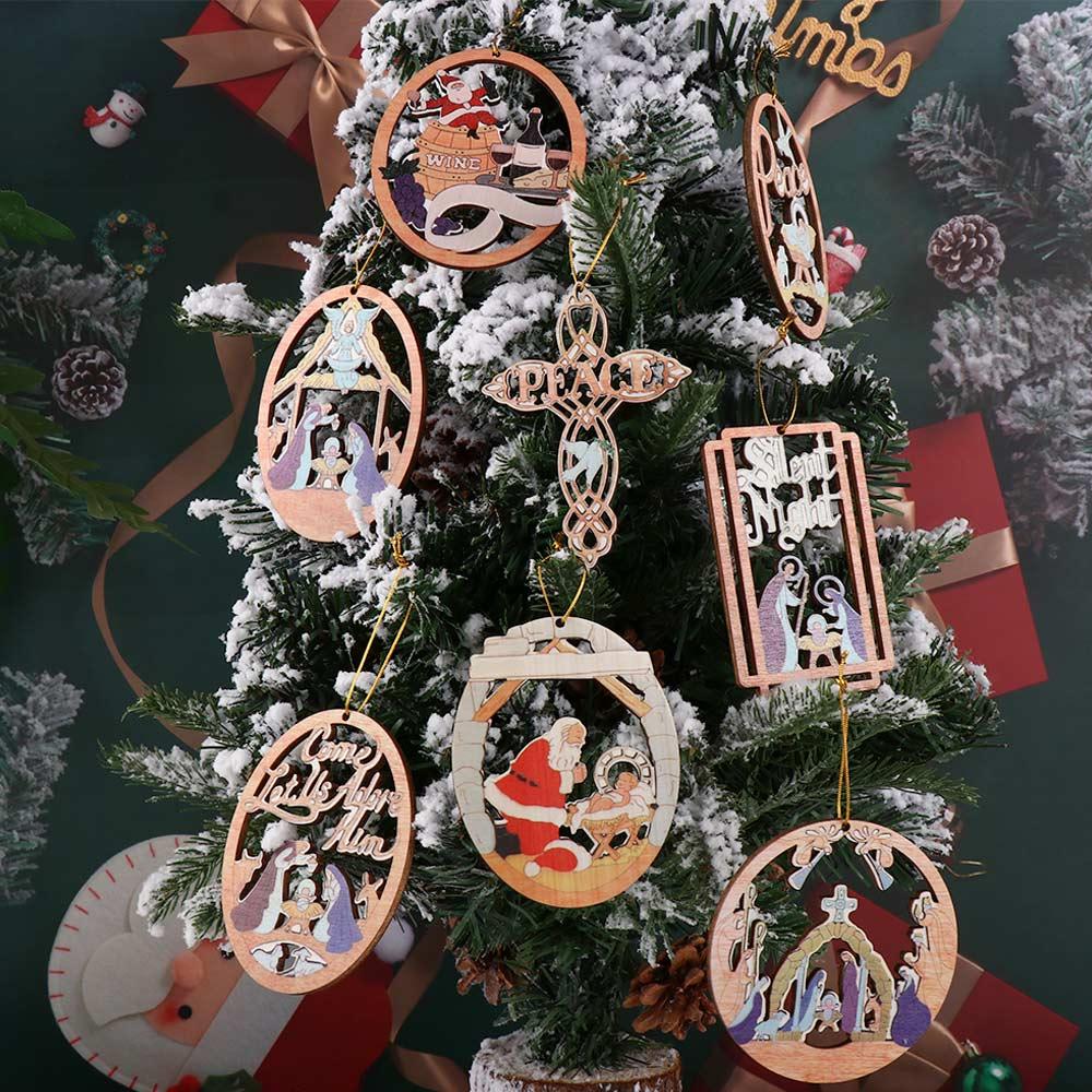 Easter Wooden Hollow Cross Handmade DIY Crafts Nativity Scene Pendants The Birth of Jesus Decorations Christmas Tree Ornaments