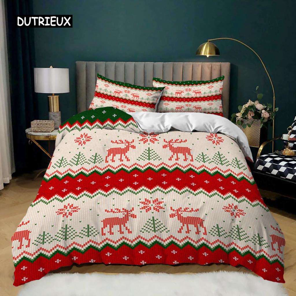 Christmas Duvet Cover Set King Size Winter Snowflake Elk Car Pattern Microfiber Soft Comforter Cover Christmas Theme Quilt Cover
