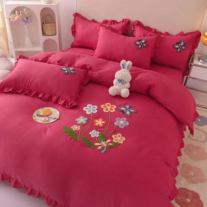4pcs/set Solid Color Bed Sheet Flower Embroidery Quilt Cover Pillowcases Four Piece Set High-end Skin-friendly Comfortable Naked Sleeping Bedding Set