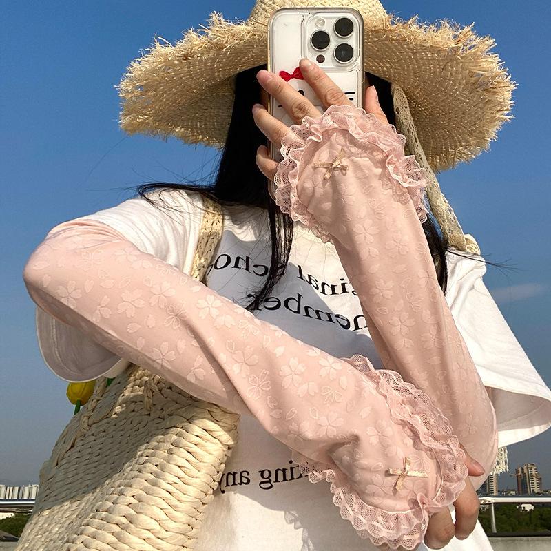 Lace-trimmed Pink Loose-fitting Sun Protection Sleeves for Women, Summer UV Protection, Breathable, Suitable for Cycling and Driving, Trendy Ice