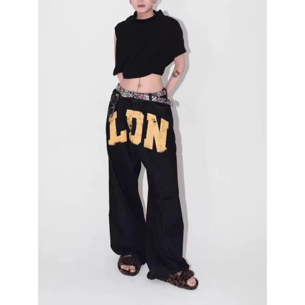 RogueWave American Vintage Letter Print Jeans Women's  Black Gothic Y2k Loose Denim Pants Fashion Hip Hop Wide Leg Casual Streetwear