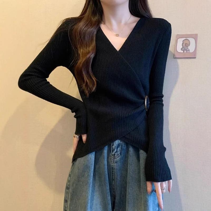 

Autumn Winter V-neck Solid Irregular Waist Sweater Women Long Sleeve All-match Bottomed Pullover Knitting Top S чёрный