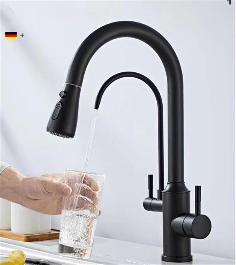 Tuqiu Black Pull Out Kitchen Faucet Water Filter Tap Brass Crane For Kitchen Deck Mounted Sink Faucet Mixer 3 Way Kitchen Faucet